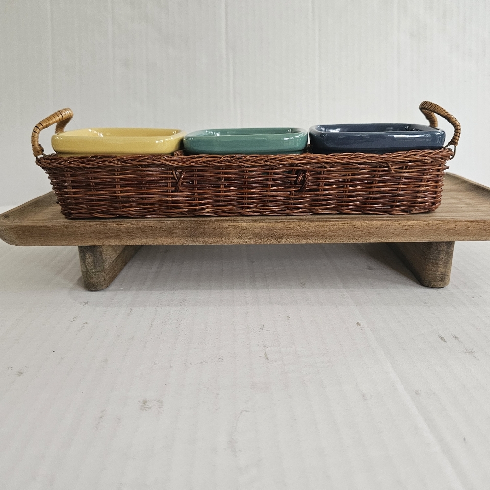 Nantucket Home dip sauce trio ceramic bowls wicker basket holder